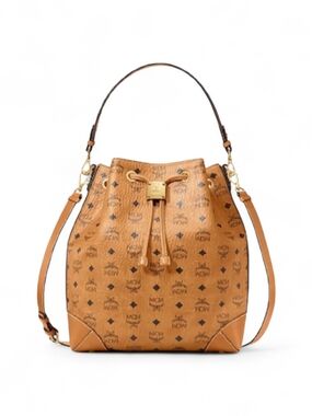 MCM Visetos Cognac Drawstring Bucket Bag